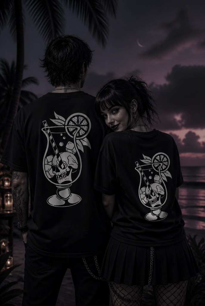 Deux modèles de dos portant le t-shirt Shallow Graves au cocktail crâne, au coucher du soleil